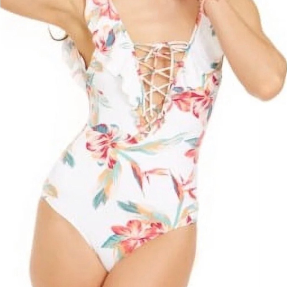 Floral Lace-Up One-Piece Swimsuit for Kids - White/Pink